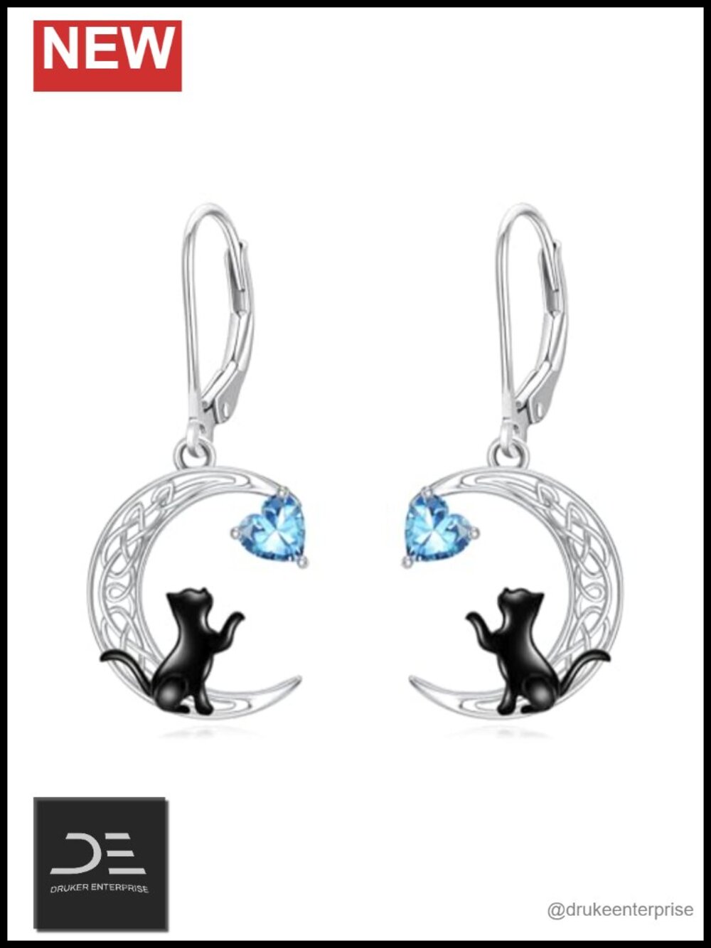 Cute Black Cat Dangle Earrings 925 Sterling Silver Celtic Moon Jewelry Gift for